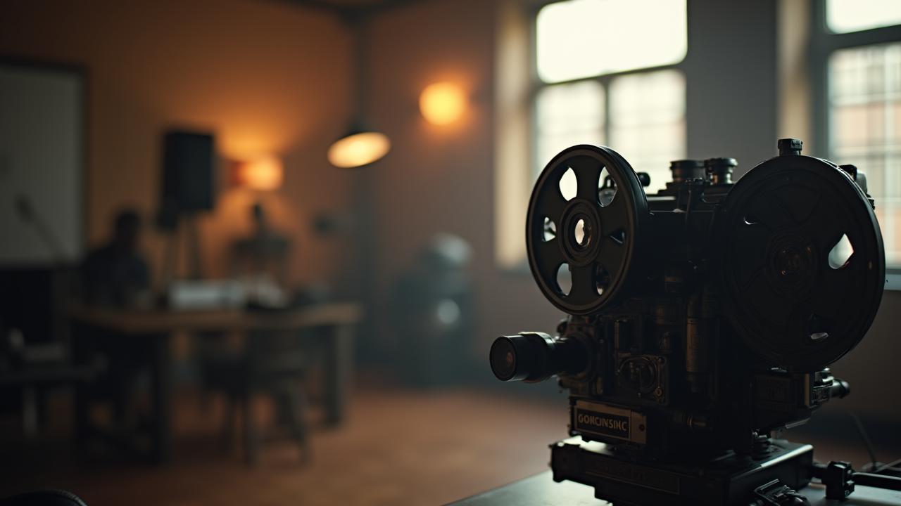 Softly lit vintage projector in a modern art house setting