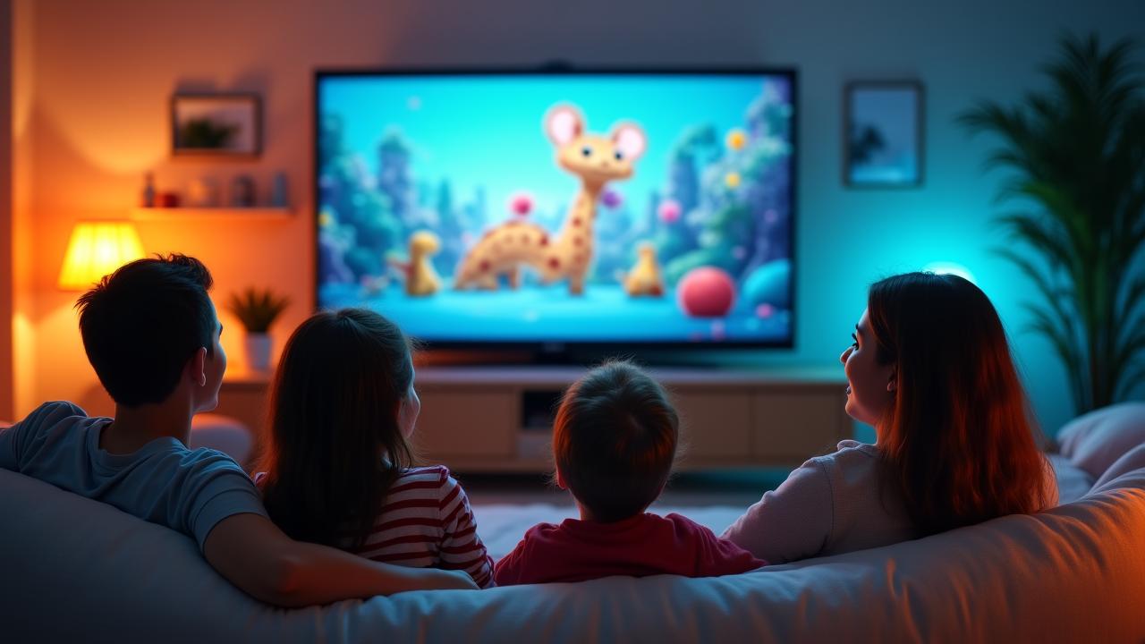 A family laughing together while watching a bright animated film in a cozy living room