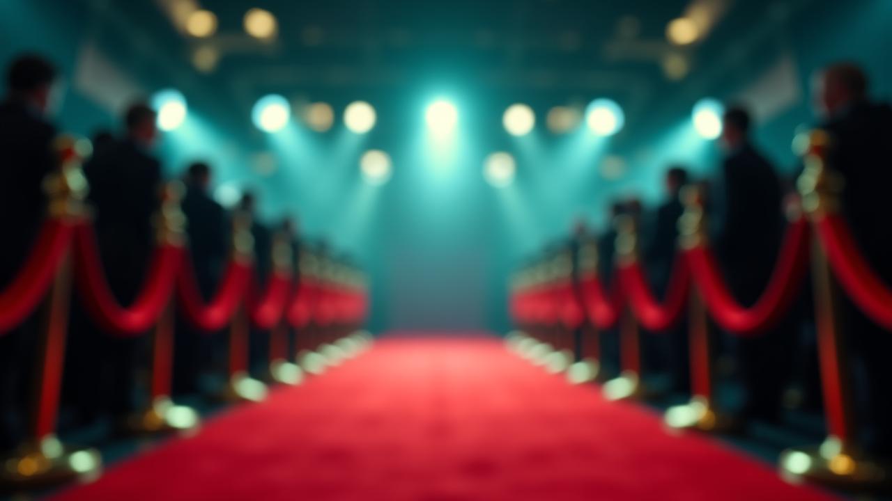 Cinematic red carpet event with bright lights and photographers