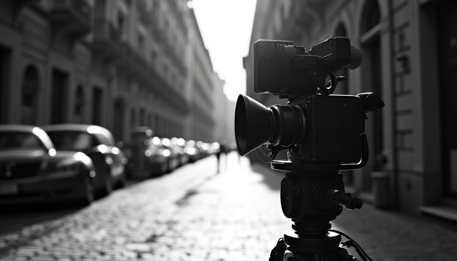 Classic Italian cinema aesthetic, monochrome streets and vintage cameras