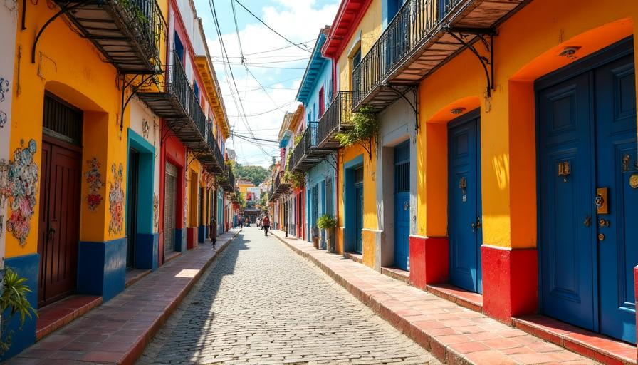 Vibrant, contemporary Latin American street scene reflecting local film energy